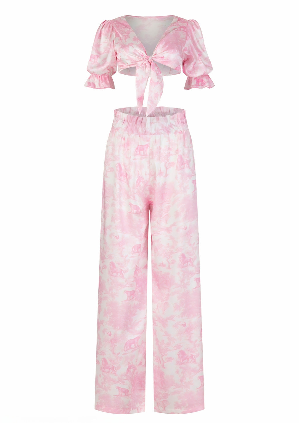 Printed Satin Blouse and High-Waisted Pants Set | TheSaint54