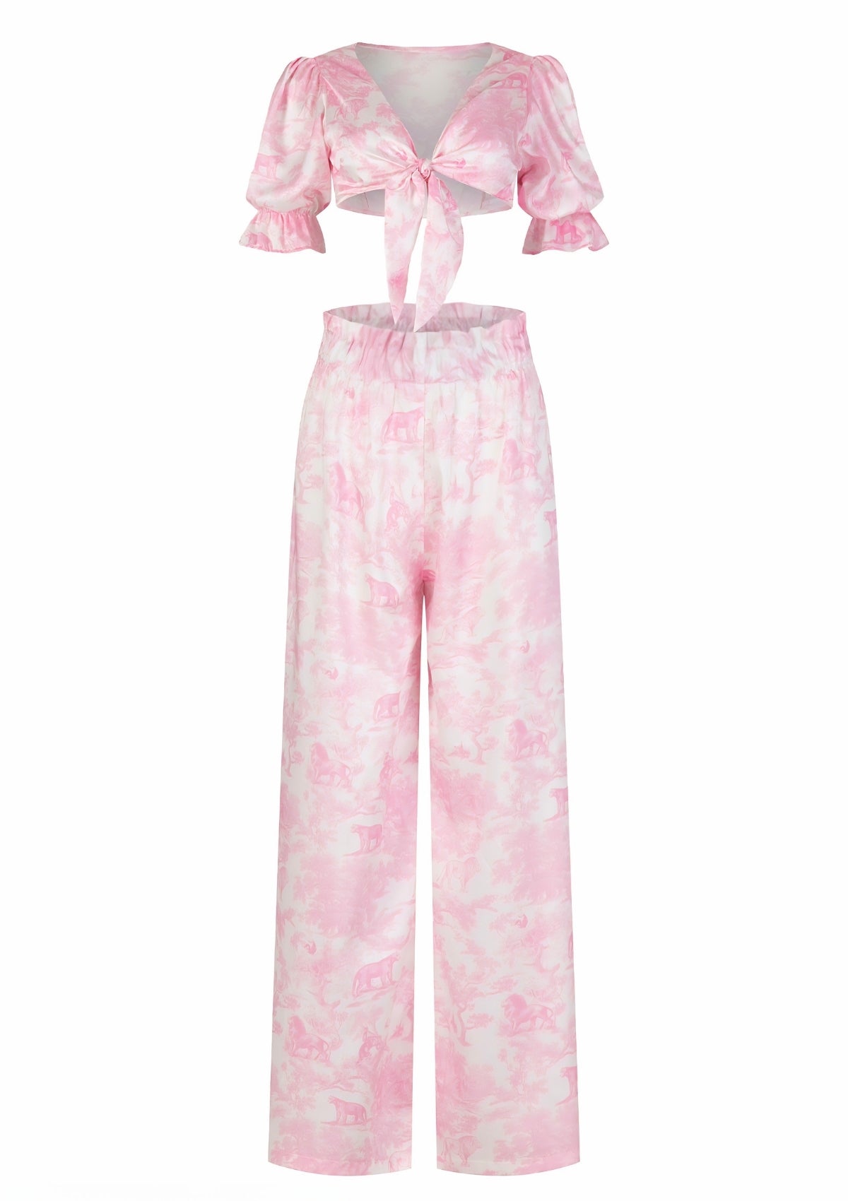 Printed Satin Blouse and High-Waisted Pants Set | TheSaint54