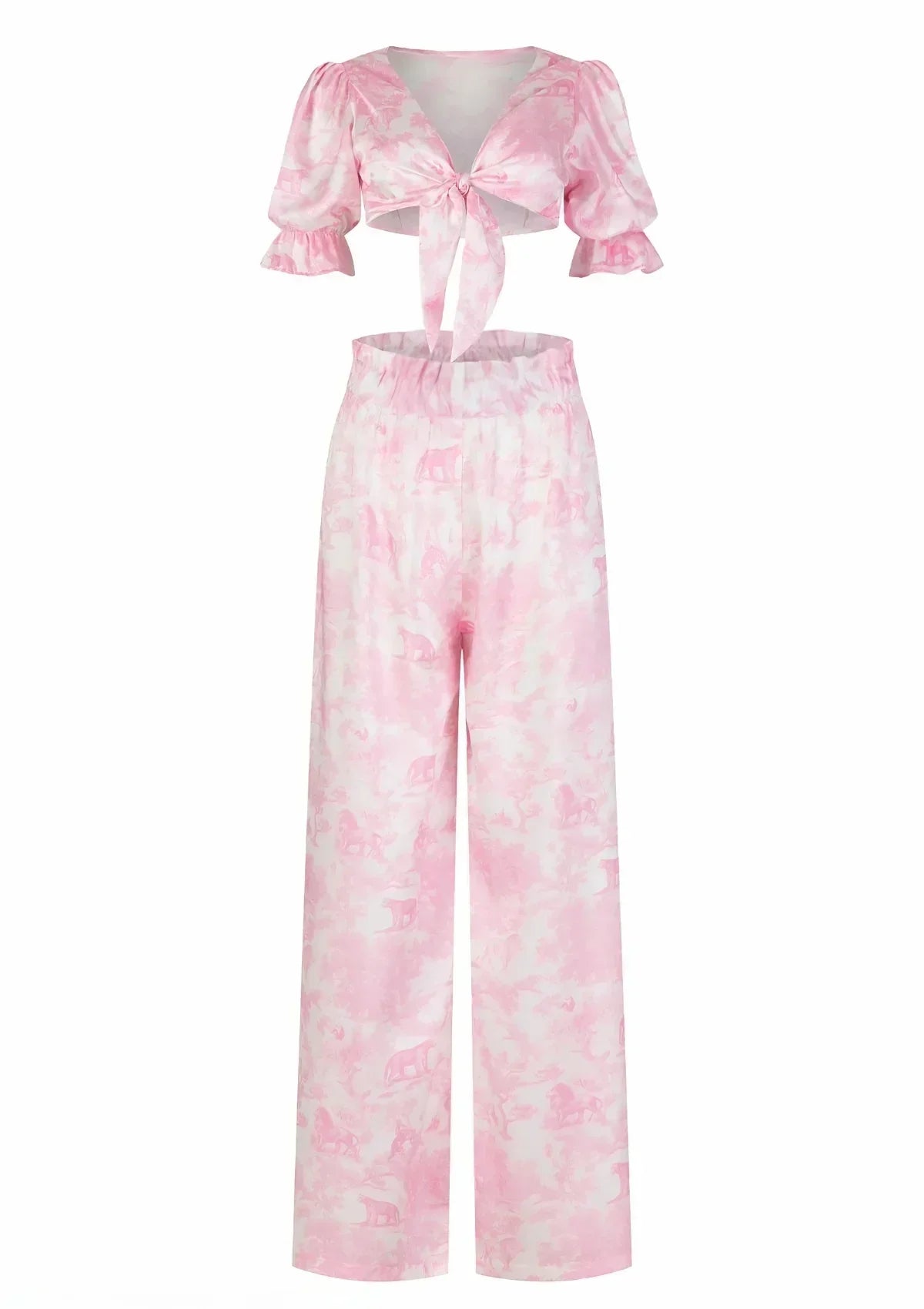 Printed Satin Blouse and High-Waisted Pants Set | TheSaint54