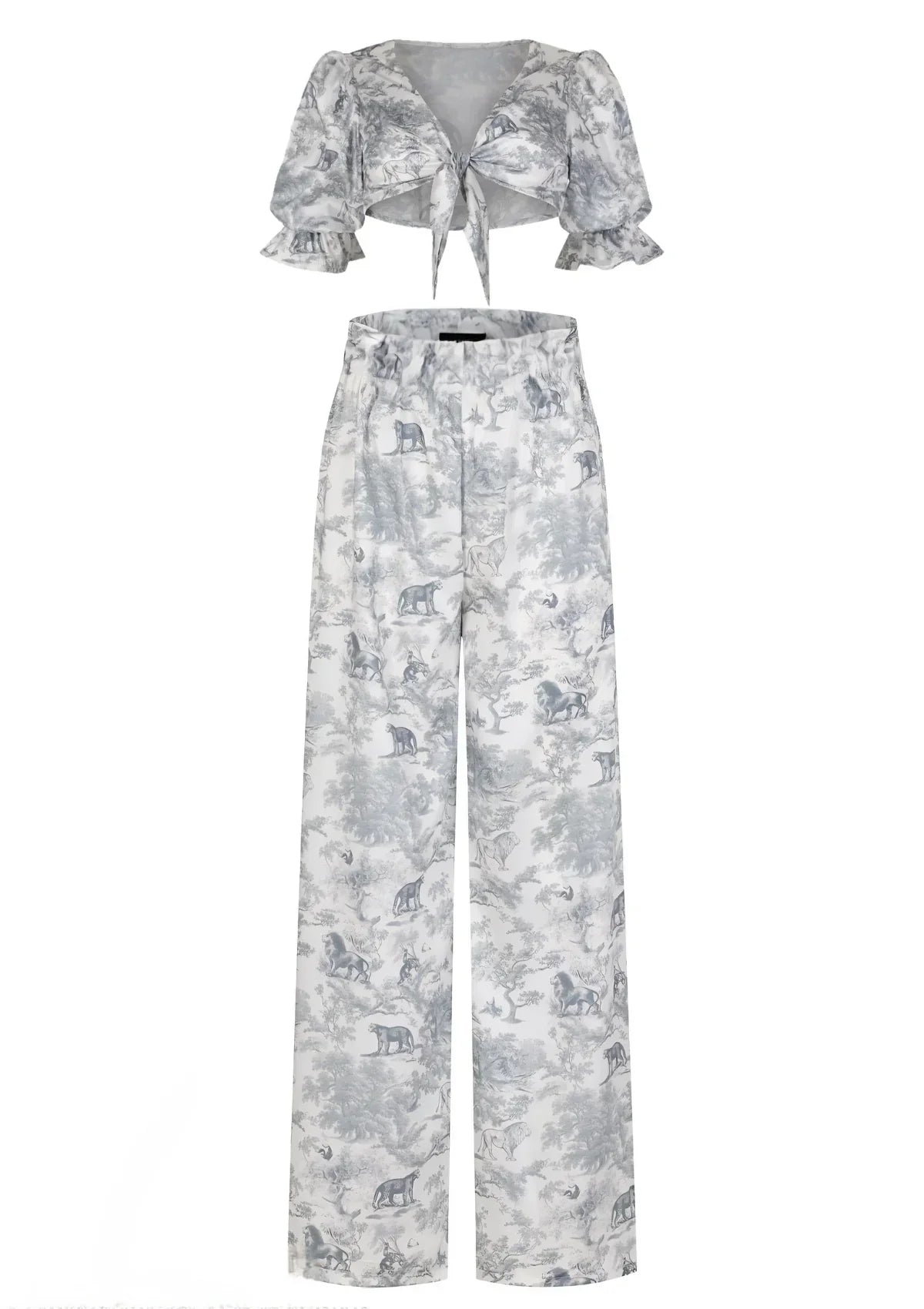 Printed Satin Blouse and High-Waisted Pants Set | TheSaint54