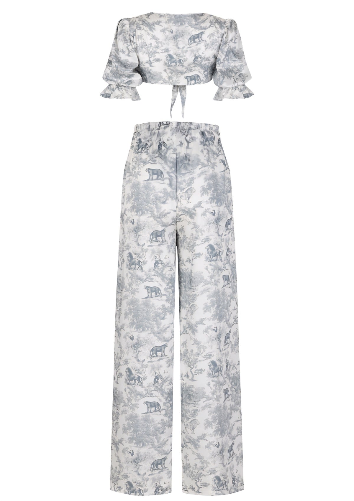 Printed Satin Blouse and High-Waisted Pants Set | TheSaint54