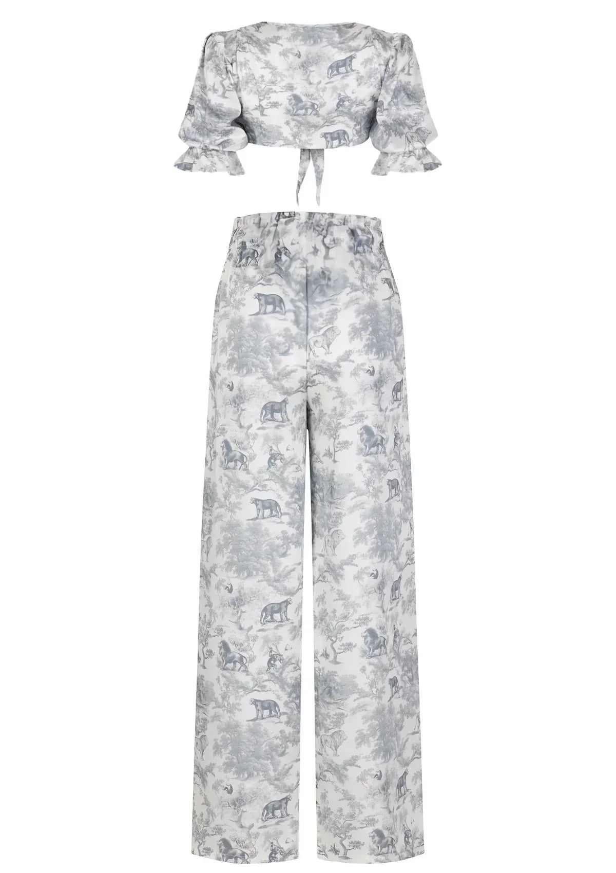 Printed Satin Blouse and High-Waisted Pants Set | TheSaint54