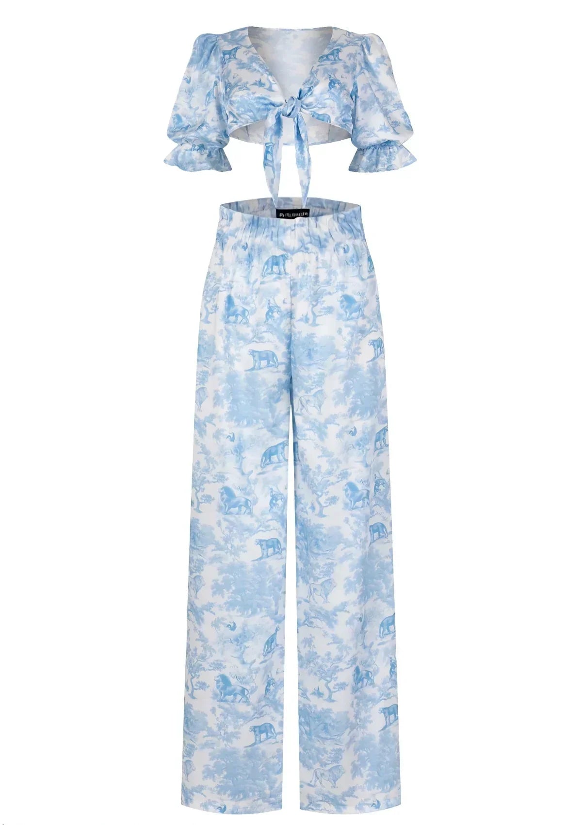 Printed Satin Blouse and High-Waisted Pants Set | TheSaint54