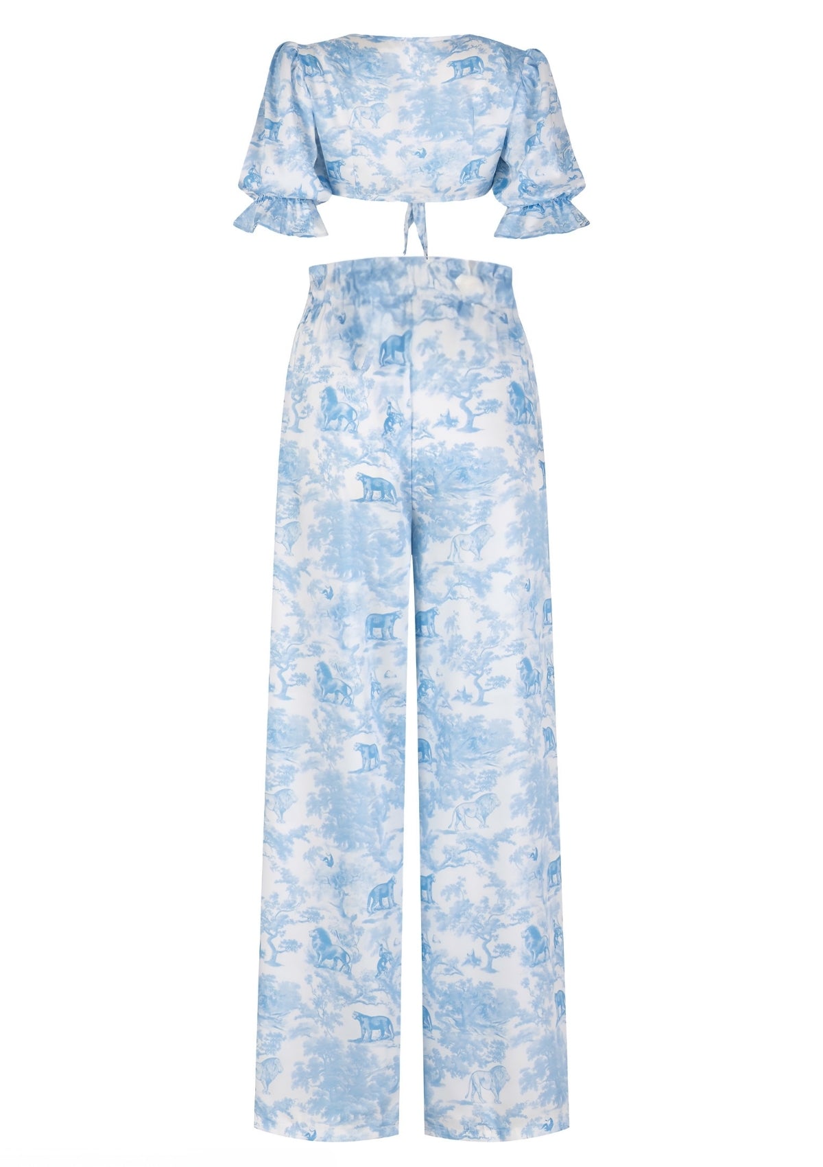 Printed Satin Blouse and High-Waisted Pants Set | TheSaint54