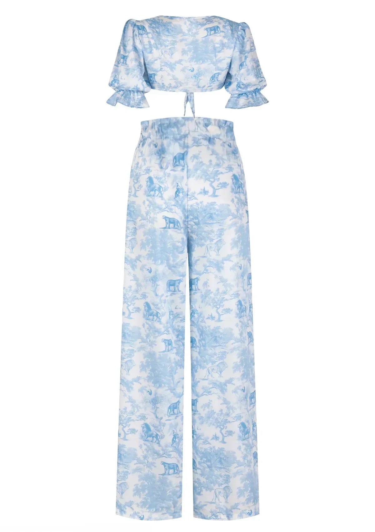 Printed Satin Blouse and High-Waisted Pants Set | TheSaint54