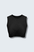 The Saint 54 black sleeveless tank top with a crew neck and vertical front ruching in a slim, body-hugging fit.