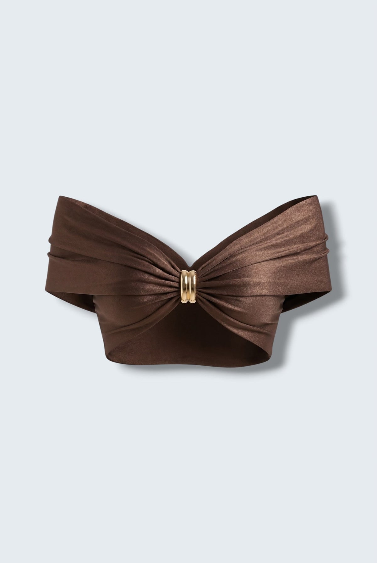 The Saint 54 dark chocolate cropped top with off-the-shoulder draped neckline and central gold hardware detail.