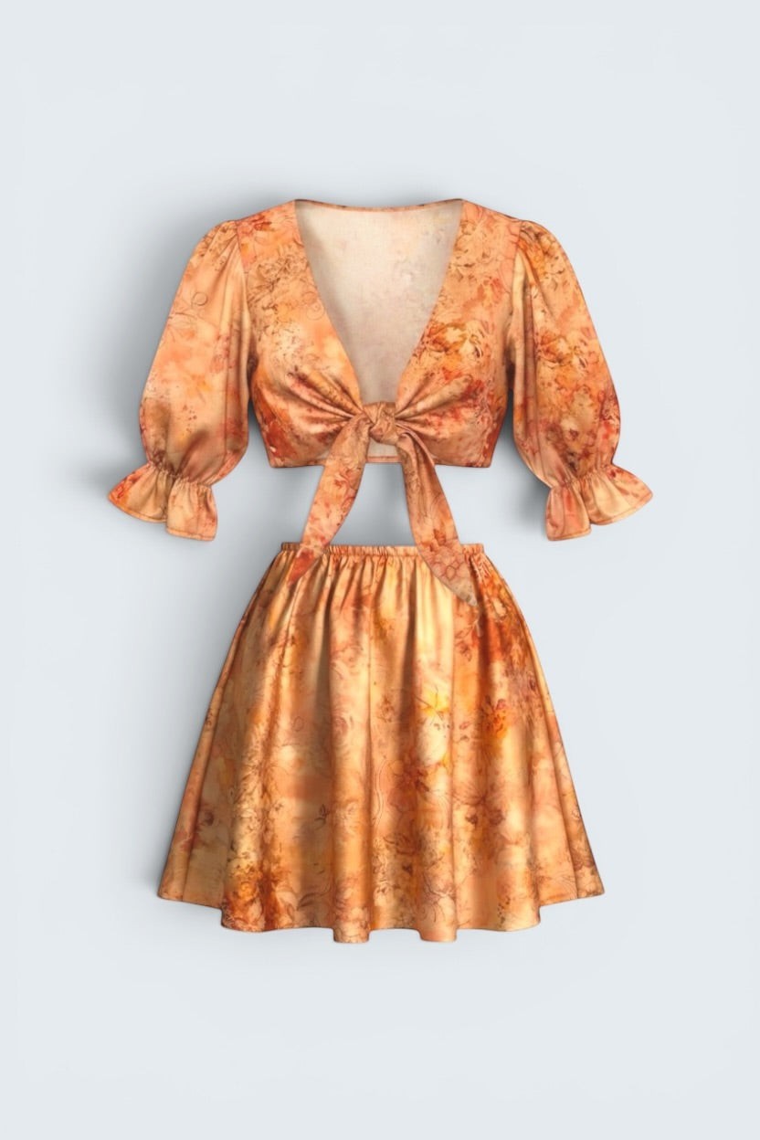 The Saint 54 orange floral two-piece set with a tie-front puff sleeve top and a high-waisted flared mini skirt.