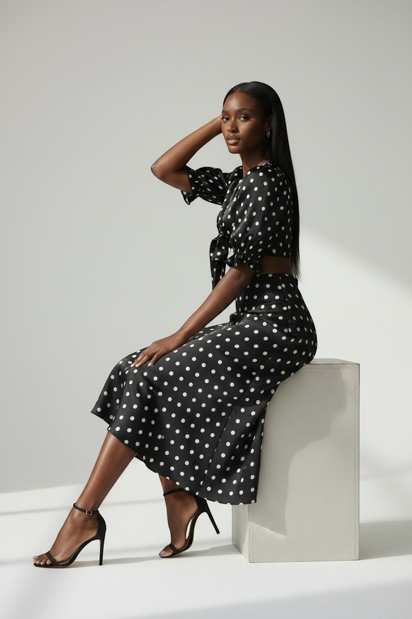 Model wearing The Saint 54 black and white polka dot two-piece set with puff sleeve top and bias-cut midi skirt.