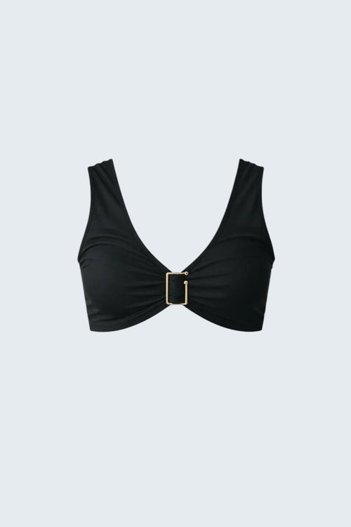 The Saint 54 black lycra V-neck crop top with gold buckle detail and wide straps.